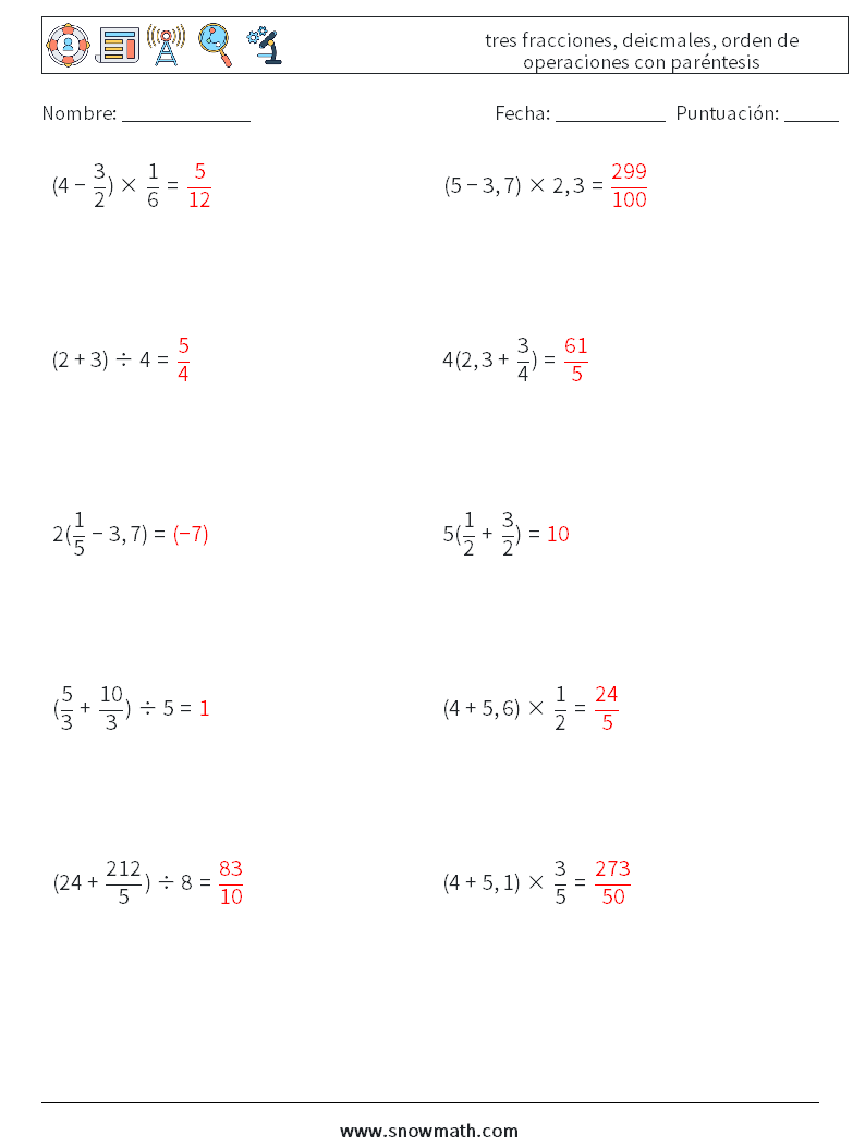 (10) tres fracciones, deicmales, orden de operaciones con paréntesis Hojas de trabajo de matemáticas 11 Pregunta, respuesta