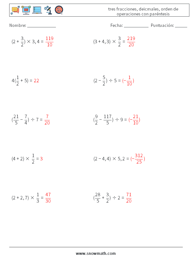 (10) tres fracciones, deicmales, orden de operaciones con paréntesis Hojas de trabajo de matemáticas 12 Pregunta, respuesta