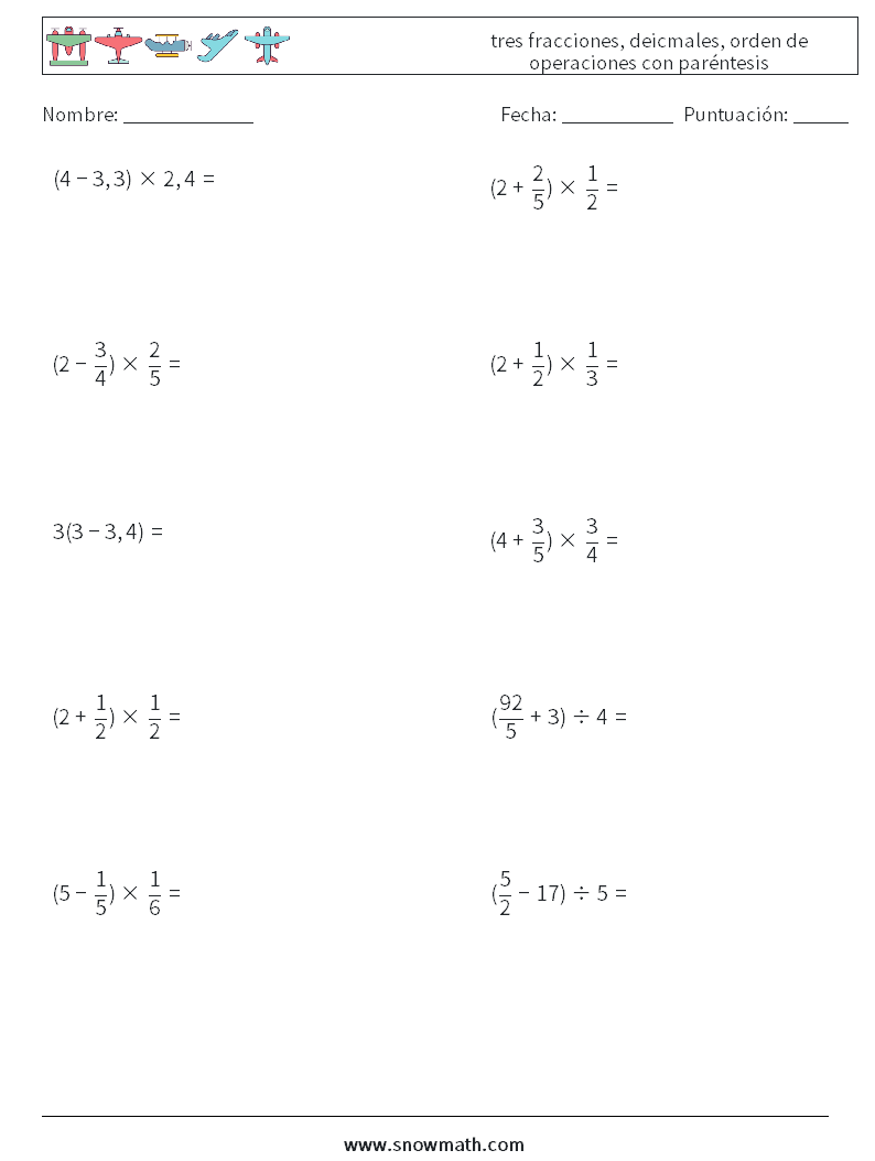 (10) tres fracciones, deicmales, orden de operaciones con paréntesis Hojas de trabajo de matemáticas 13