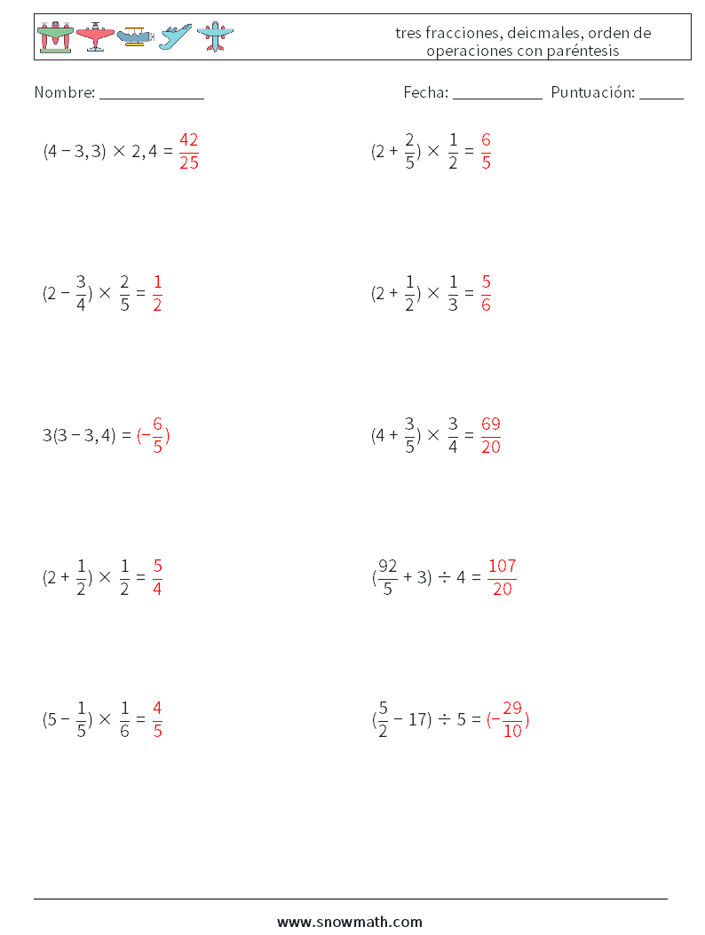 (10) tres fracciones, deicmales, orden de operaciones con paréntesis Hojas de trabajo de matemáticas 13 Pregunta, respuesta