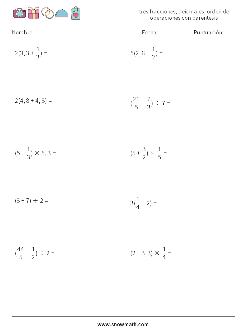 (10) tres fracciones, deicmales, orden de operaciones con paréntesis Hojas de trabajo de matemáticas 14