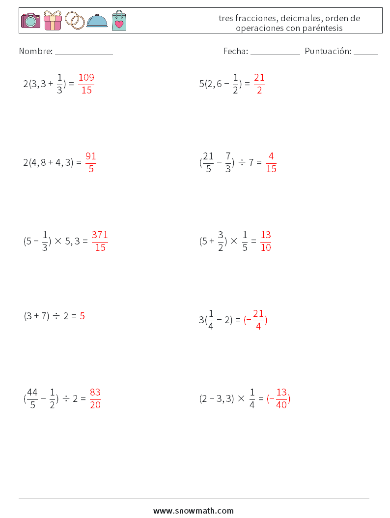 (10) tres fracciones, deicmales, orden de operaciones con paréntesis Hojas de trabajo de matemáticas 14 Pregunta, respuesta