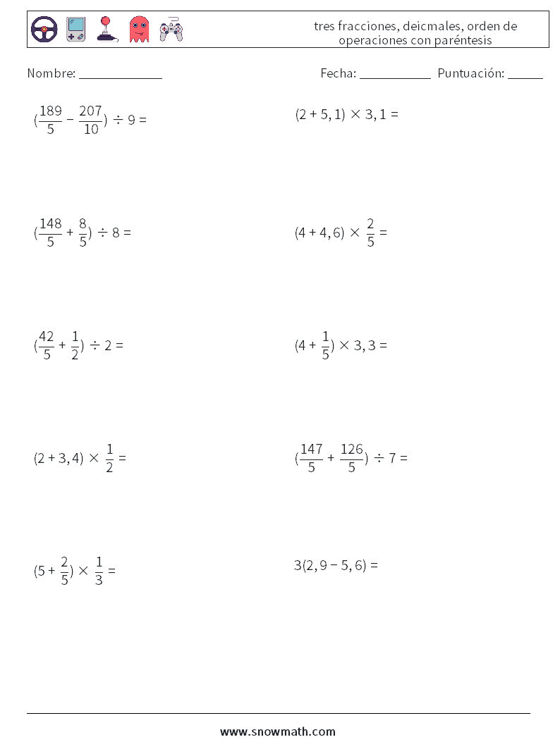 (10) tres fracciones, deicmales, orden de operaciones con paréntesis Hojas de trabajo de matemáticas 15