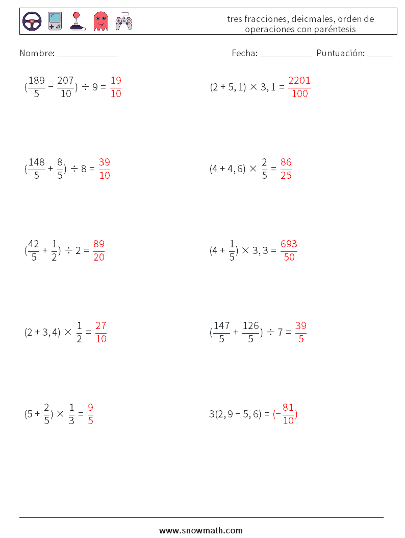 (10) tres fracciones, deicmales, orden de operaciones con paréntesis Hojas de trabajo de matemáticas 15 Pregunta, respuesta