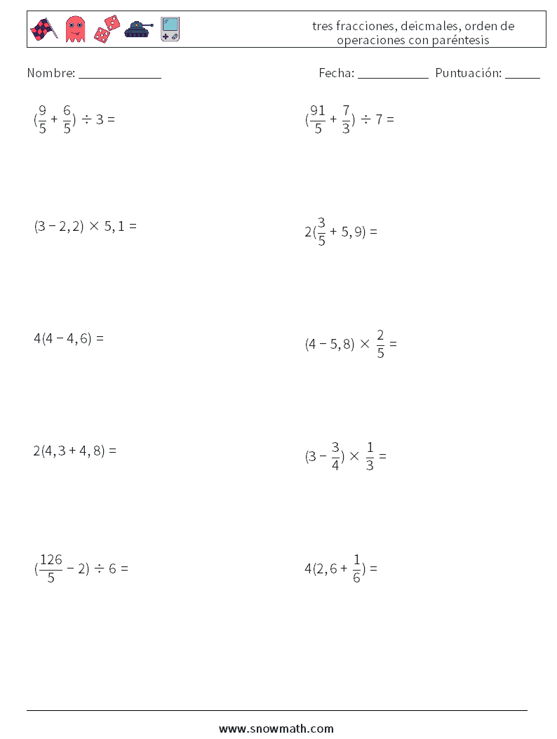 (10) tres fracciones, deicmales, orden de operaciones con paréntesis Hojas de trabajo de matemáticas 16