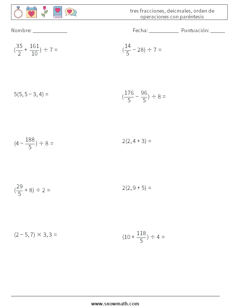 (10) tres fracciones, deicmales, orden de operaciones con paréntesis Hojas de trabajo de matemáticas 17