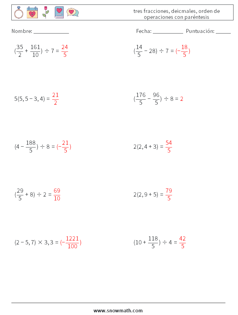 (10) tres fracciones, deicmales, orden de operaciones con paréntesis Hojas de trabajo de matemáticas 17 Pregunta, respuesta