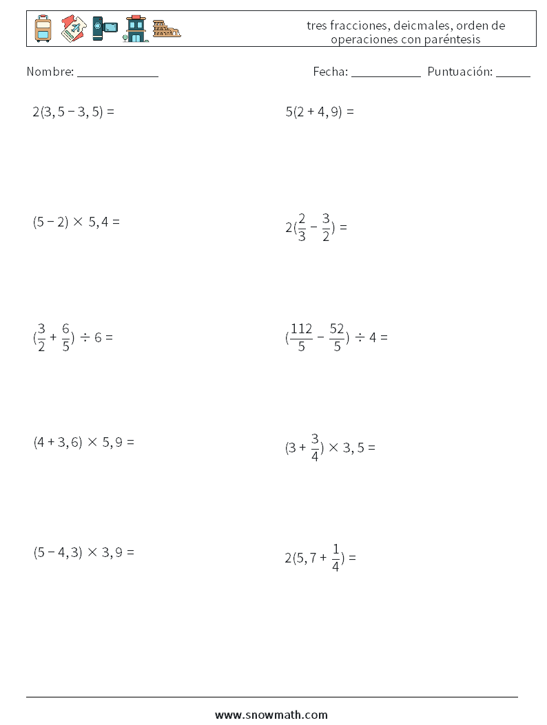 (10) tres fracciones, deicmales, orden de operaciones con paréntesis Hojas de trabajo de matemáticas 18