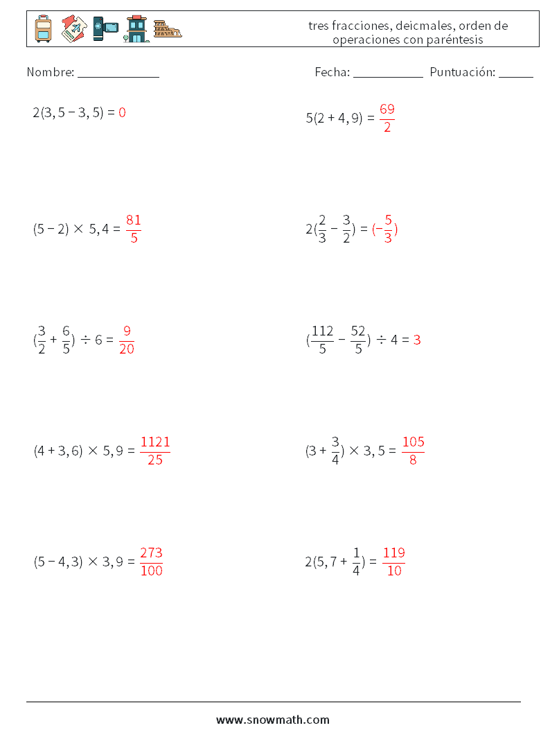 (10) tres fracciones, deicmales, orden de operaciones con paréntesis Hojas de trabajo de matemáticas 18 Pregunta, respuesta