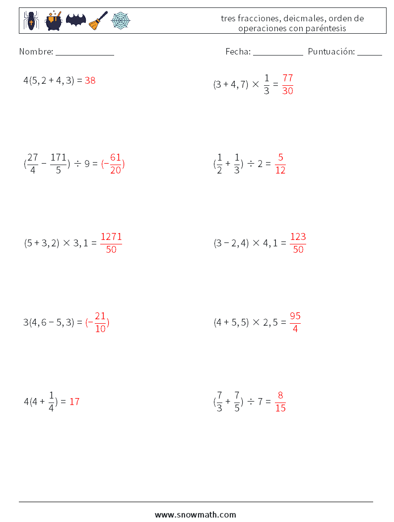 (10) tres fracciones, deicmales, orden de operaciones con paréntesis Hojas de trabajo de matemáticas 1 Pregunta, respuesta