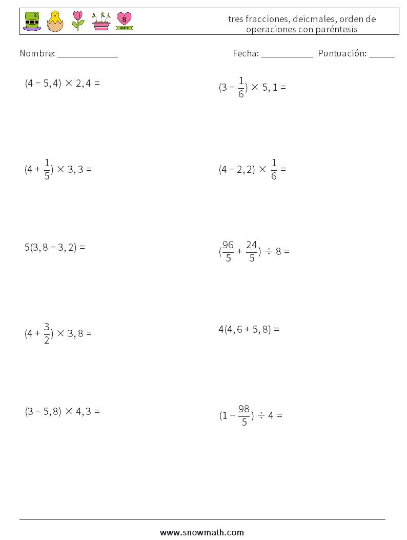(10) tres fracciones, deicmales, orden de operaciones con paréntesis Hojas de trabajo de matemáticas 2