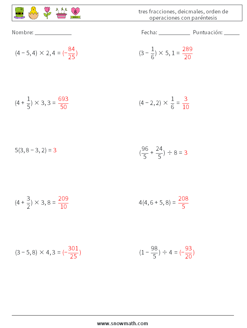 (10) tres fracciones, deicmales, orden de operaciones con paréntesis Hojas de trabajo de matemáticas 2 Pregunta, respuesta