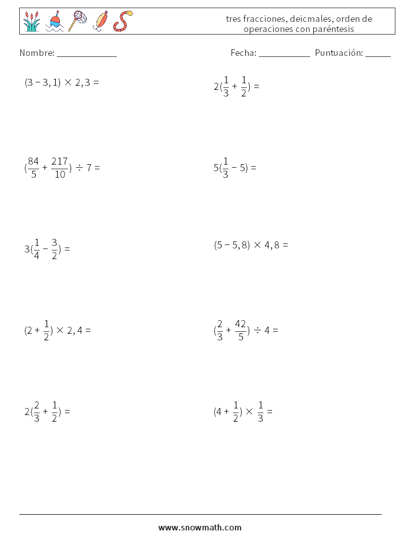 (10) tres fracciones, deicmales, orden de operaciones con paréntesis Hojas de trabajo de matemáticas 3