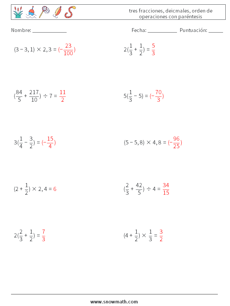 (10) tres fracciones, deicmales, orden de operaciones con paréntesis Hojas de trabajo de matemáticas 3 Pregunta, respuesta