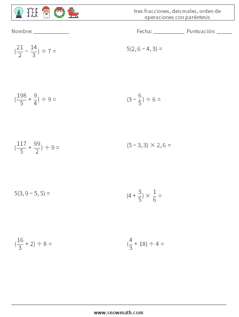 (10) tres fracciones, deicmales, orden de operaciones con paréntesis Hojas de trabajo de matemáticas 4