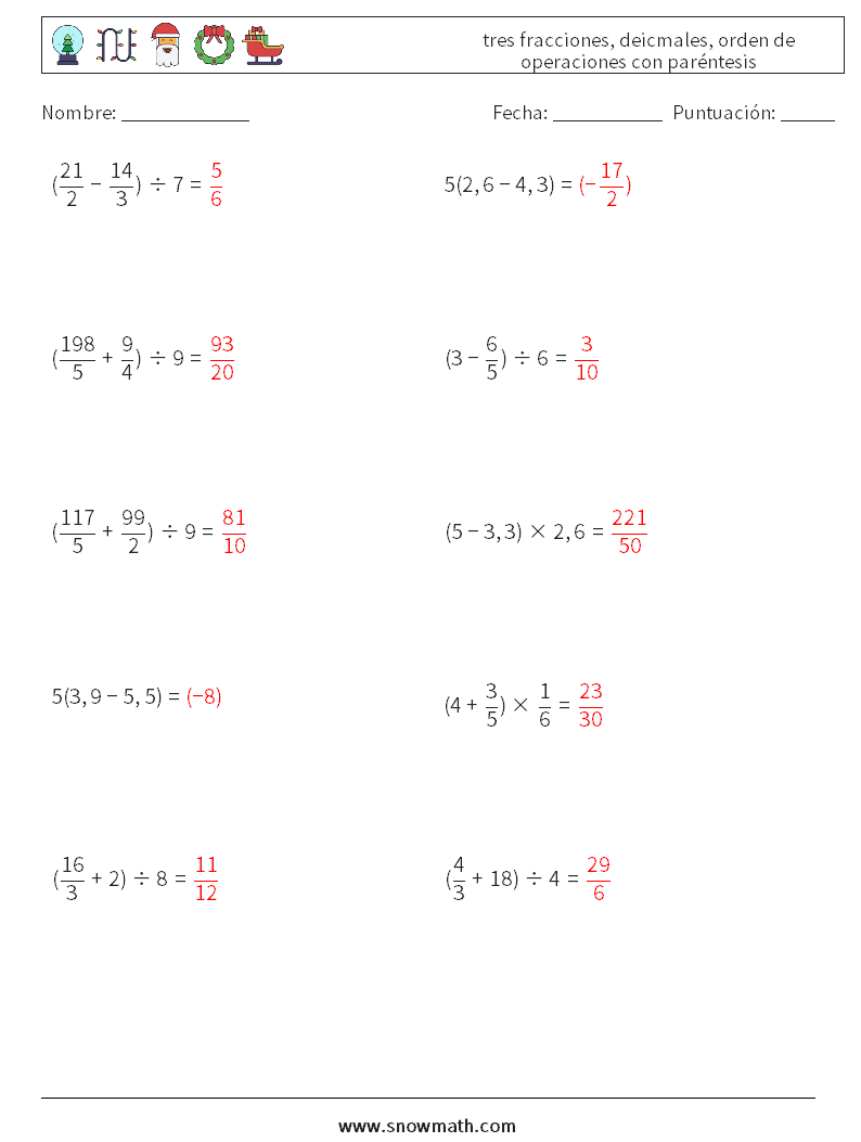 (10) tres fracciones, deicmales, orden de operaciones con paréntesis Hojas de trabajo de matemáticas 4 Pregunta, respuesta