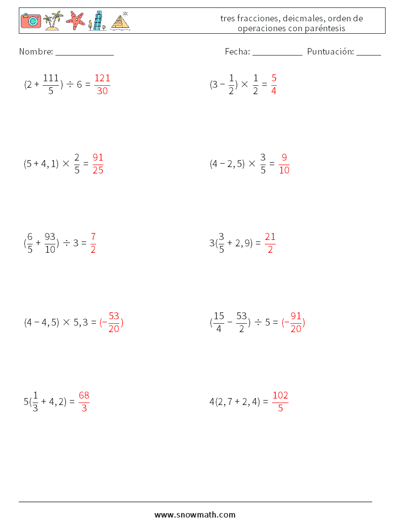 (10) tres fracciones, deicmales, orden de operaciones con paréntesis Hojas de trabajo de matemáticas 5 Pregunta, respuesta