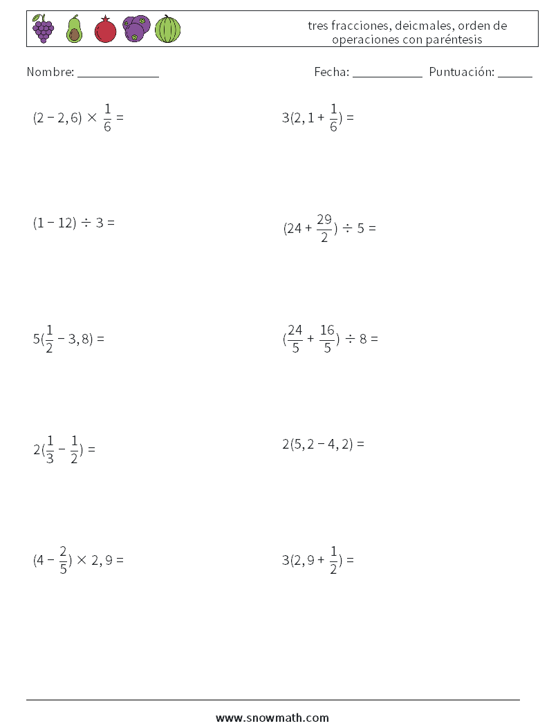 (10) tres fracciones, deicmales, orden de operaciones con paréntesis Hojas de trabajo de matemáticas 7