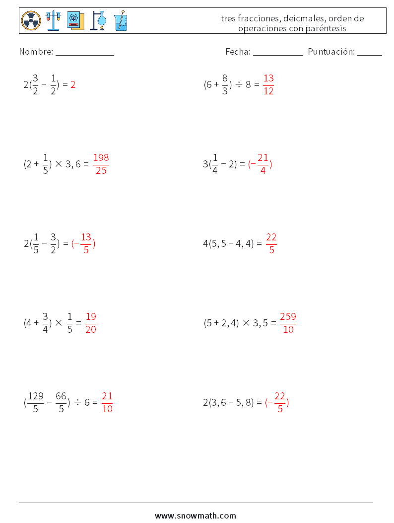 (10) tres fracciones, deicmales, orden de operaciones con paréntesis Hojas de trabajo de matemáticas 8 Pregunta, respuesta