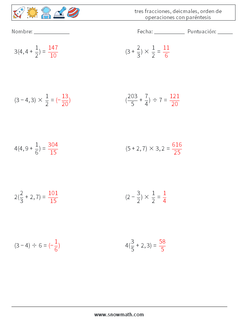 (10) tres fracciones, deicmales, orden de operaciones con paréntesis Hojas de trabajo de matemáticas 9 Pregunta, respuesta