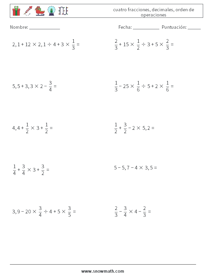 (10) cuatro fracciones, decimales, orden de operaciones Hojas de trabajo de matemáticas 10