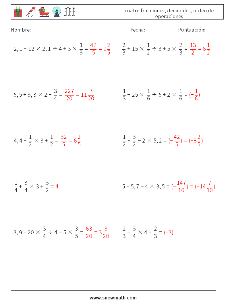 (10) cuatro fracciones, decimales, orden de operaciones Hojas de trabajo de matemáticas 10 Pregunta, respuesta