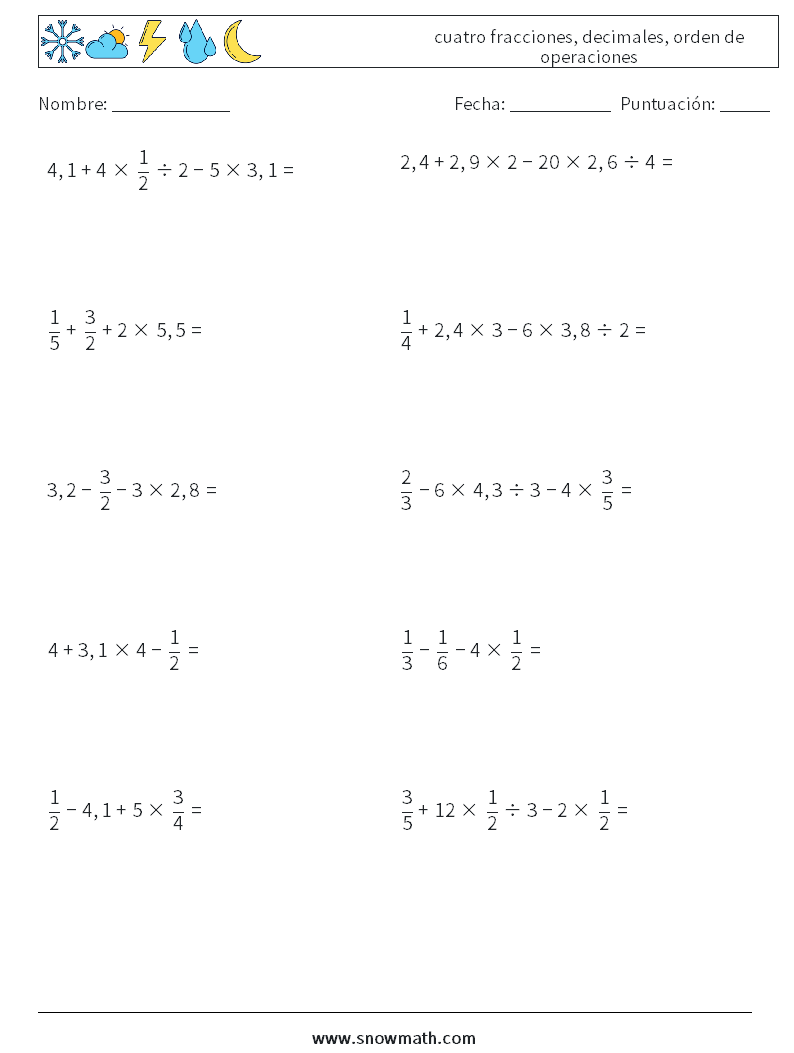 (10) cuatro fracciones, decimales, orden de operaciones Hojas de trabajo de matemáticas 11