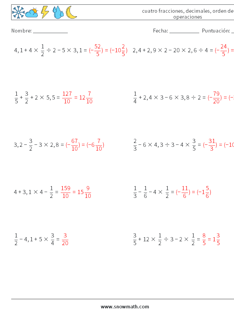 (10) cuatro fracciones, decimales, orden de operaciones Hojas de trabajo de matemáticas 11 Pregunta, respuesta