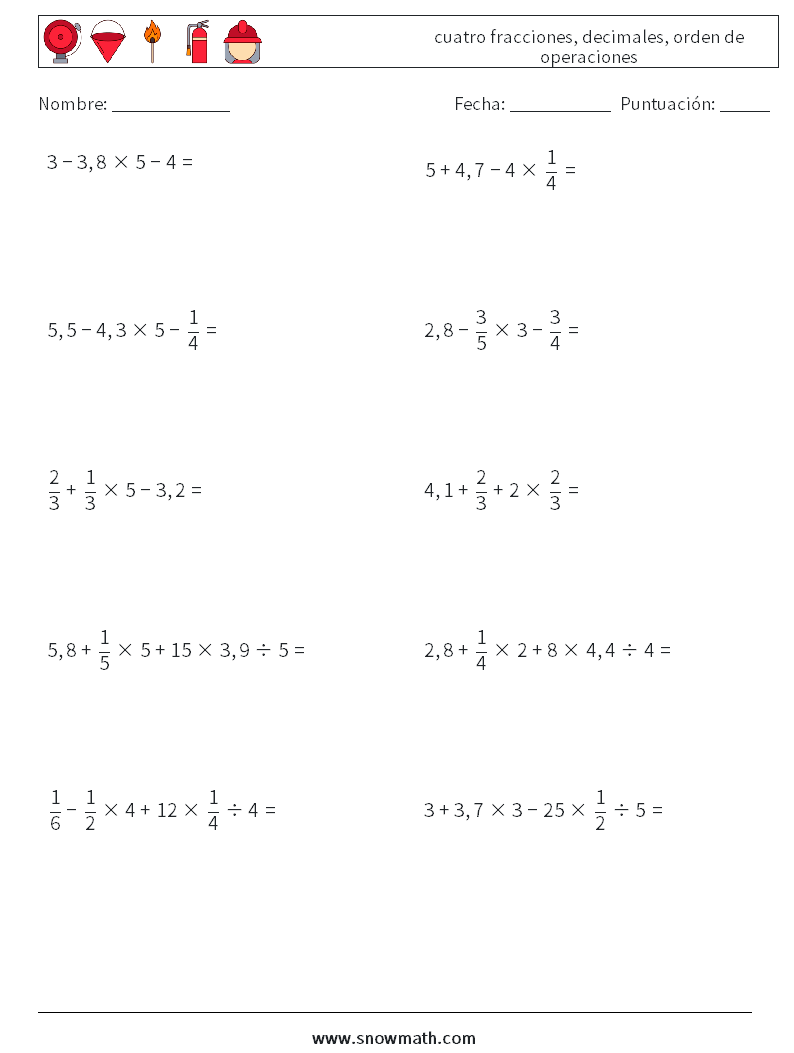 (10) cuatro fracciones, decimales, orden de operaciones Hojas de trabajo de matemáticas 12