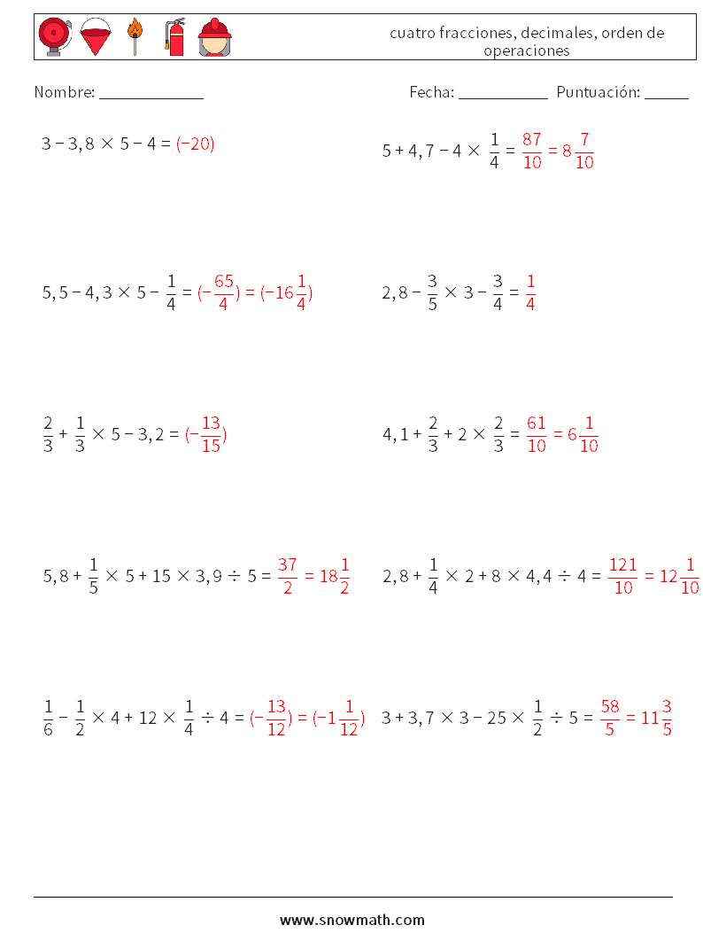 (10) cuatro fracciones, decimales, orden de operaciones Hojas de trabajo de matemáticas 12 Pregunta, respuesta