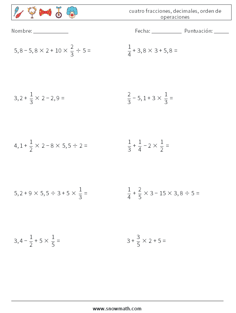 (10) cuatro fracciones, decimales, orden de operaciones Hojas de trabajo de matemáticas 13