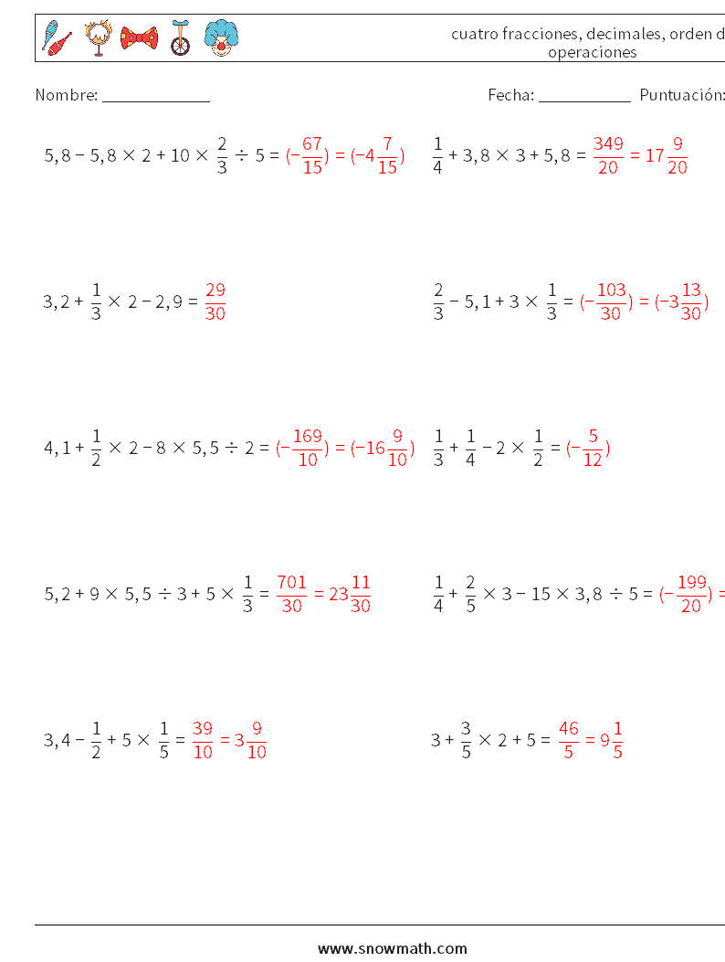 (10) cuatro fracciones, decimales, orden de operaciones Hojas de trabajo de matemáticas 13 Pregunta, respuesta
