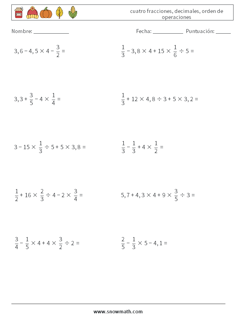 (10) cuatro fracciones, decimales, orden de operaciones Hojas de trabajo de matemáticas 14