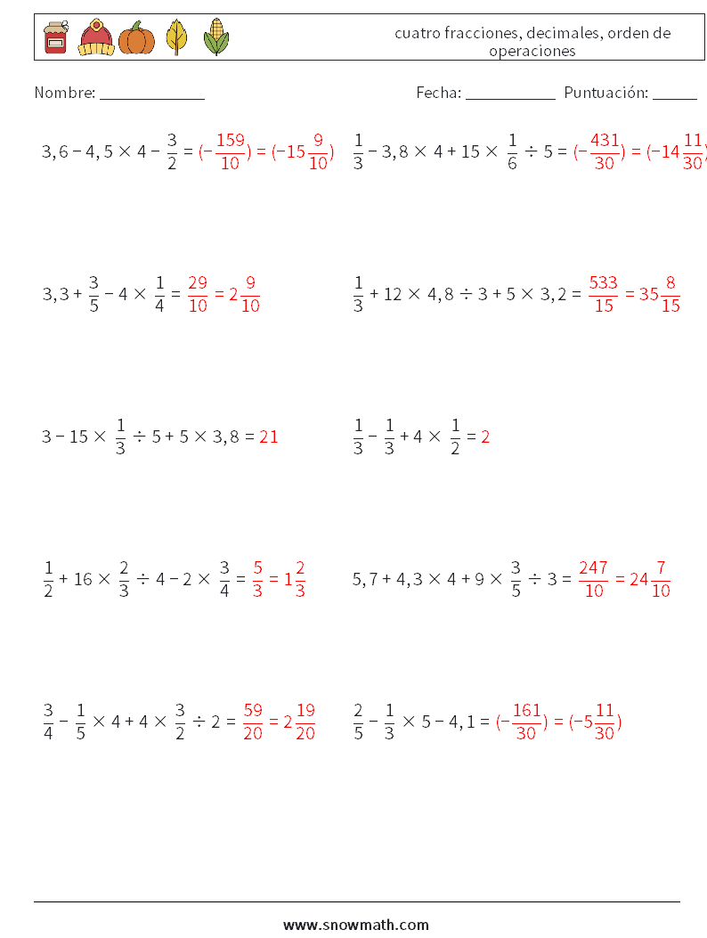 (10) cuatro fracciones, decimales, orden de operaciones Hojas de trabajo de matemáticas 14 Pregunta, respuesta
