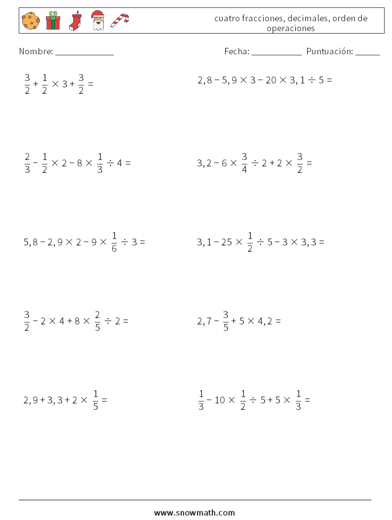 (10) cuatro fracciones, decimales, orden de operaciones Hojas de trabajo de matemáticas 15