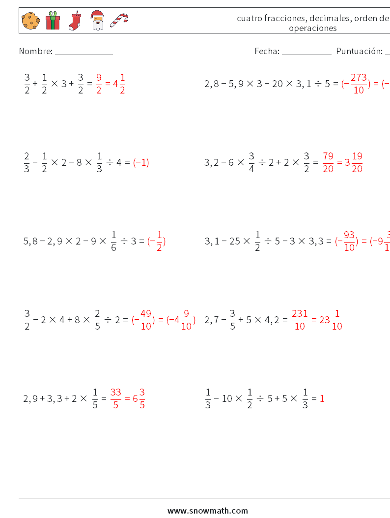 (10) cuatro fracciones, decimales, orden de operaciones Hojas de trabajo de matemáticas 15 Pregunta, respuesta