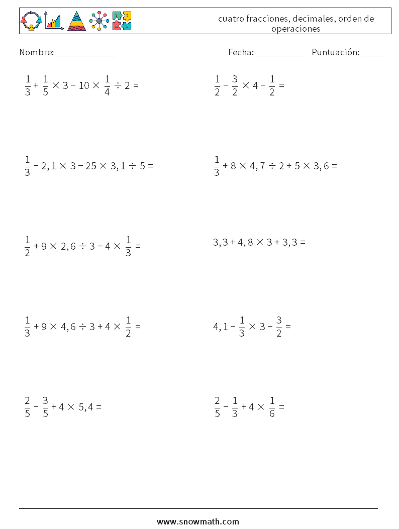 (10) cuatro fracciones, decimales, orden de operaciones Hojas de trabajo de matemáticas 16