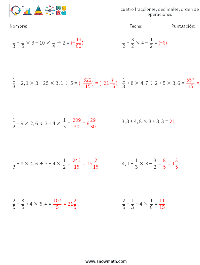 (10) cuatro fracciones, decimales, orden de operaciones Hojas de trabajo de matemáticas 16 Pregunta, respuesta