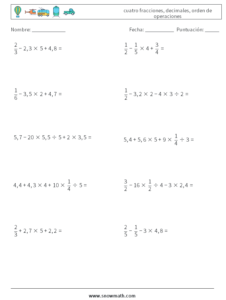 (10) cuatro fracciones, decimales, orden de operaciones Hojas de trabajo de matemáticas 17