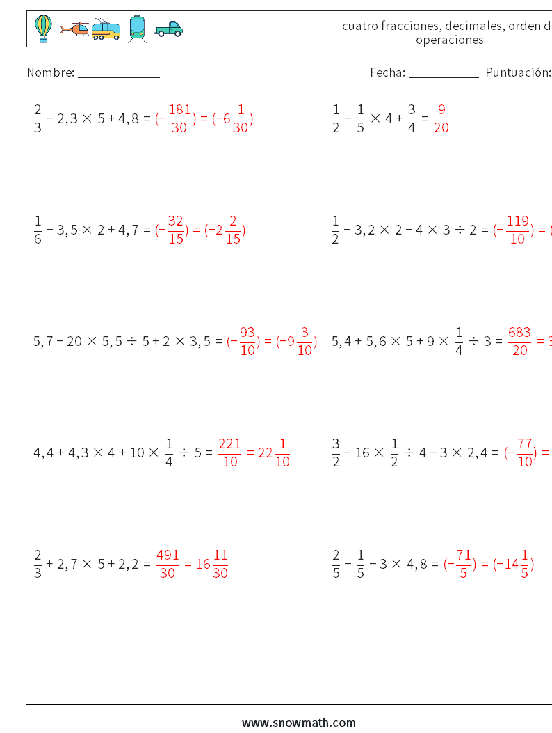 (10) cuatro fracciones, decimales, orden de operaciones Hojas de trabajo de matemáticas 17 Pregunta, respuesta