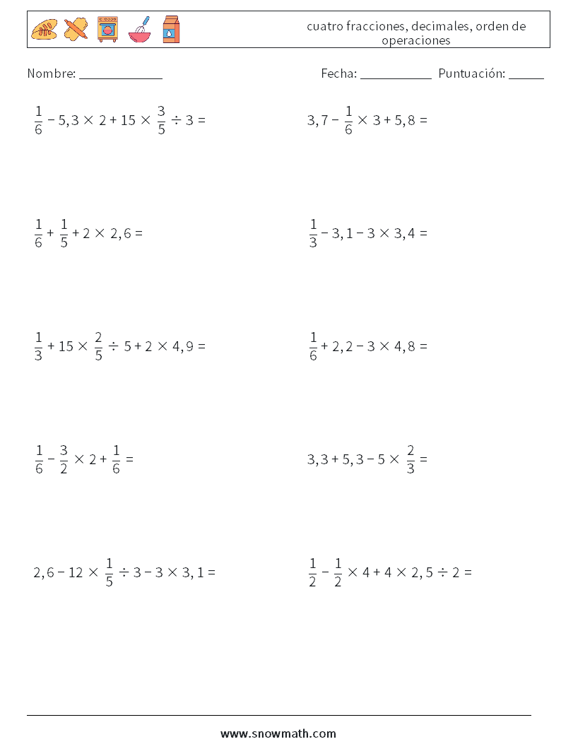 (10) cuatro fracciones, decimales, orden de operaciones Hojas de trabajo de matemáticas 18