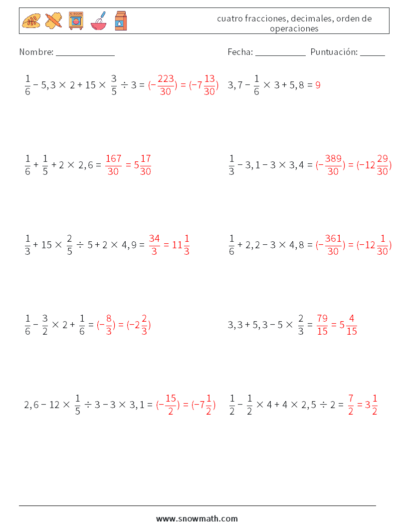 (10) cuatro fracciones, decimales, orden de operaciones Hojas de trabajo de matemáticas 18 Pregunta, respuesta
