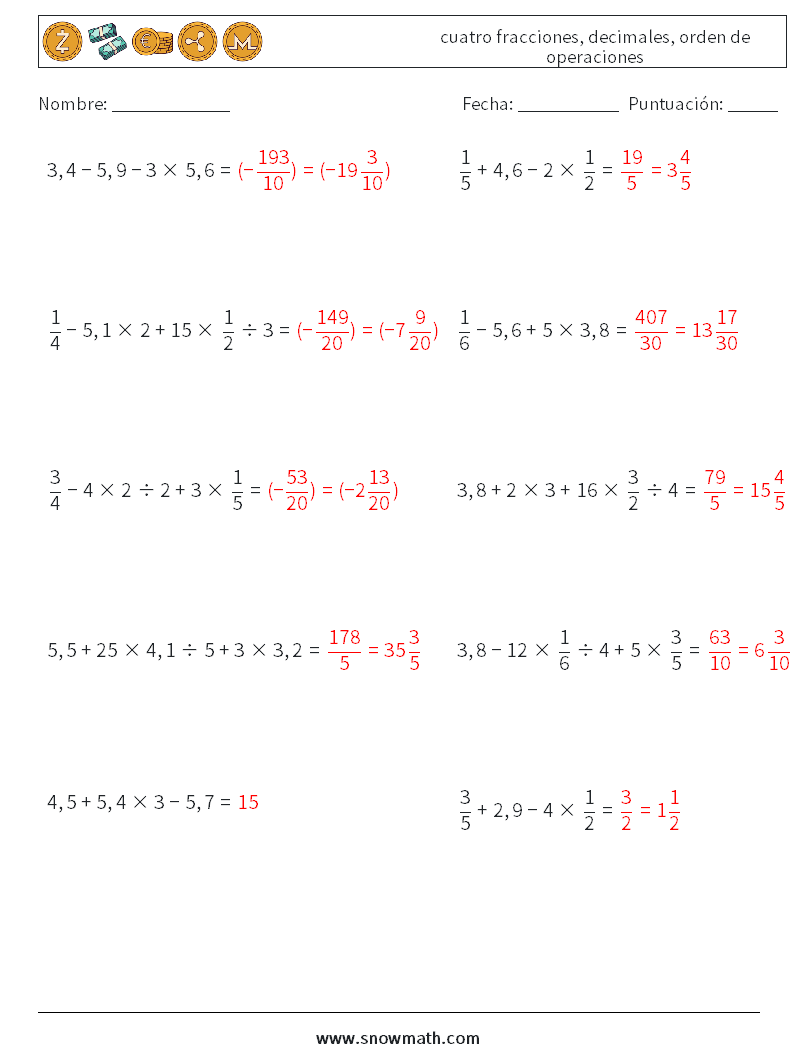 (10) cuatro fracciones, decimales, orden de operaciones Hojas de trabajo de matemáticas 1 Pregunta, respuesta
