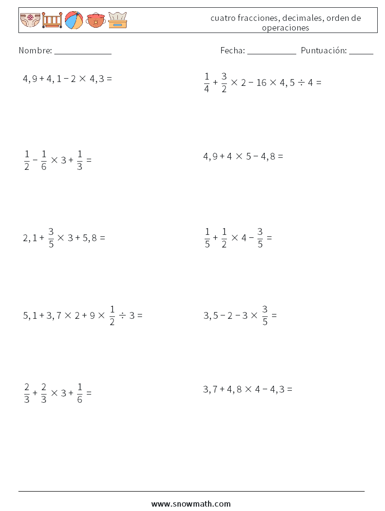 (10) cuatro fracciones, decimales, orden de operaciones Hojas de trabajo de matemáticas 2