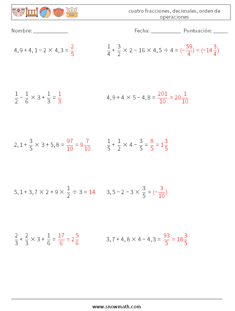 (10) cuatro fracciones, decimales, orden de operaciones Hojas de trabajo de matemáticas 2 Pregunta, respuesta