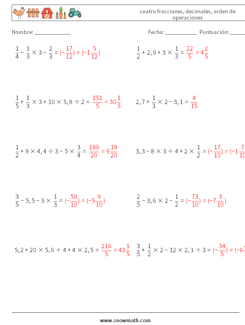 (10) cuatro fracciones, decimales, orden de operaciones Hojas de trabajo de matemáticas 3 Pregunta, respuesta