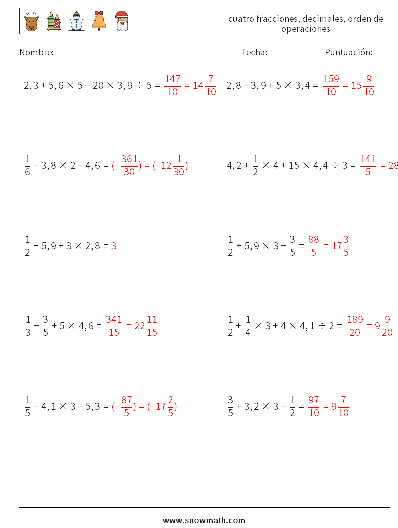 (10) cuatro fracciones, decimales, orden de operaciones Hojas de trabajo de matemáticas 4 Pregunta, respuesta