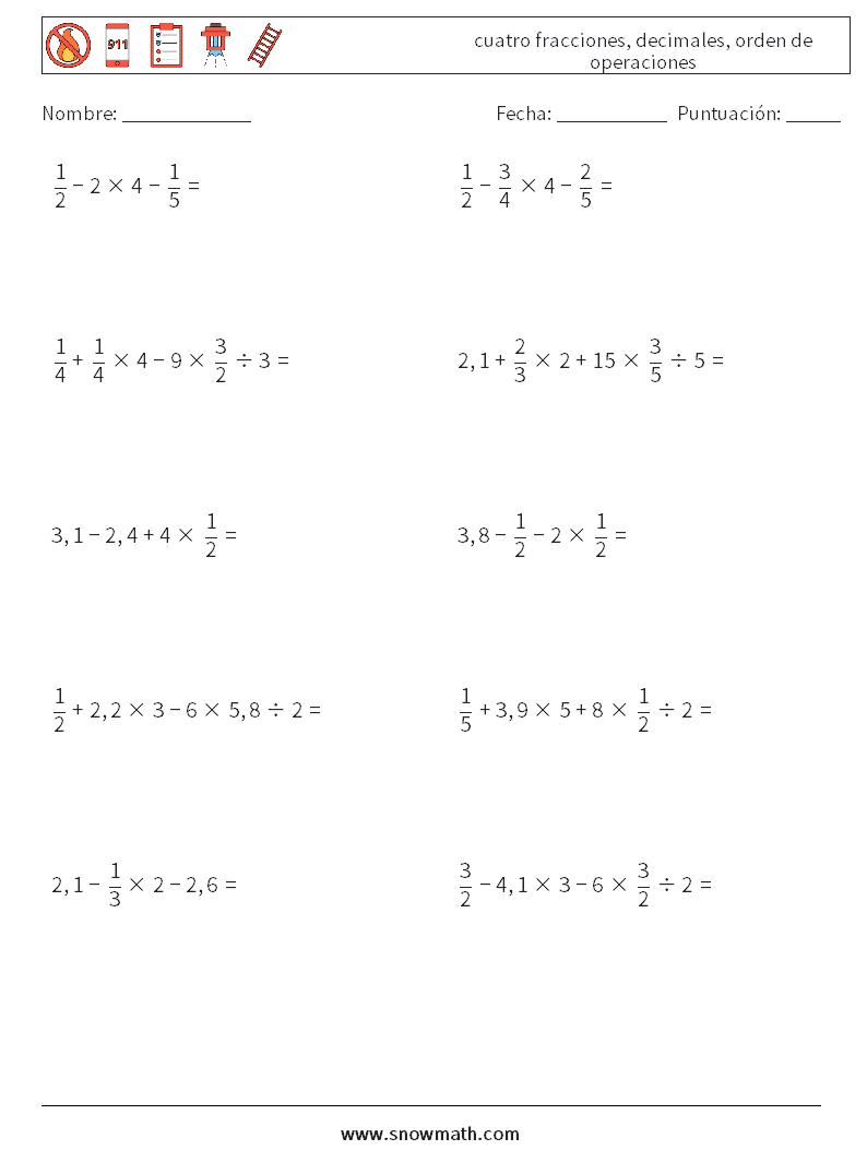 (10) cuatro fracciones, decimales, orden de operaciones Hojas de trabajo de matemáticas 5