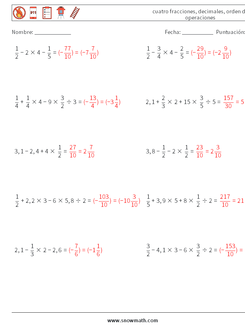 (10) cuatro fracciones, decimales, orden de operaciones Hojas de trabajo de matemáticas 5 Pregunta, respuesta