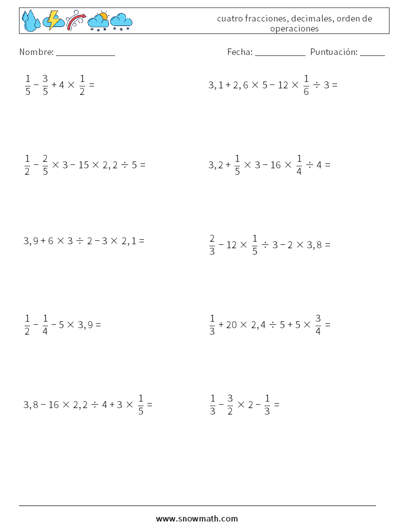 (10) cuatro fracciones, decimales, orden de operaciones Hojas de trabajo de matemáticas 6